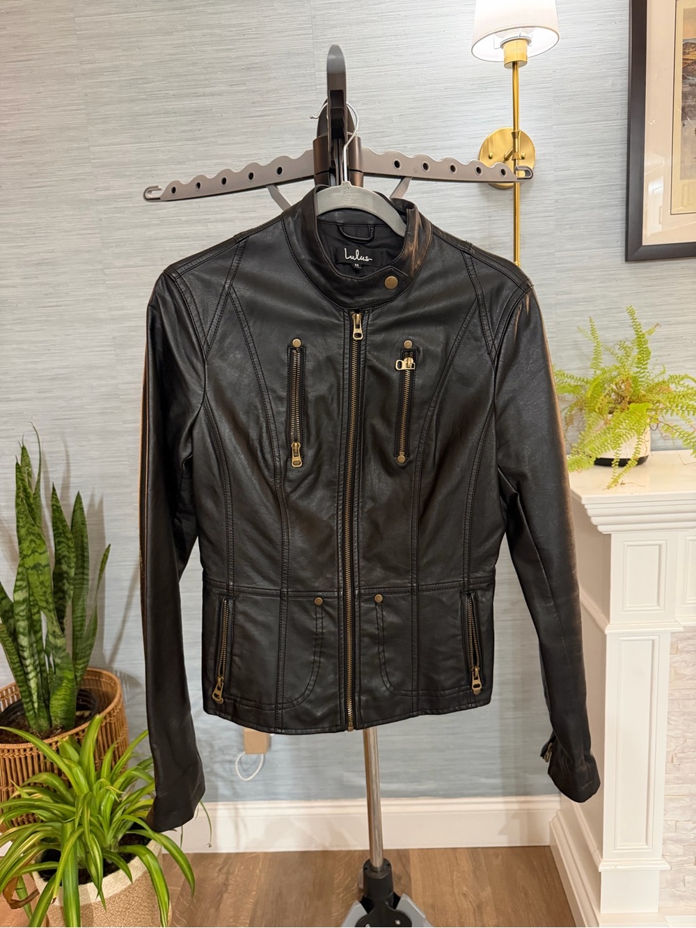 Lulu's Black Leather Zip-Front Moto Jacket